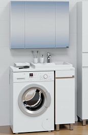 СанТа Мебель для ванной под стиральную машину Марс 90 R с зеркальным шкафом Стандарт 90 белая/янтарное дерево – фотография-1